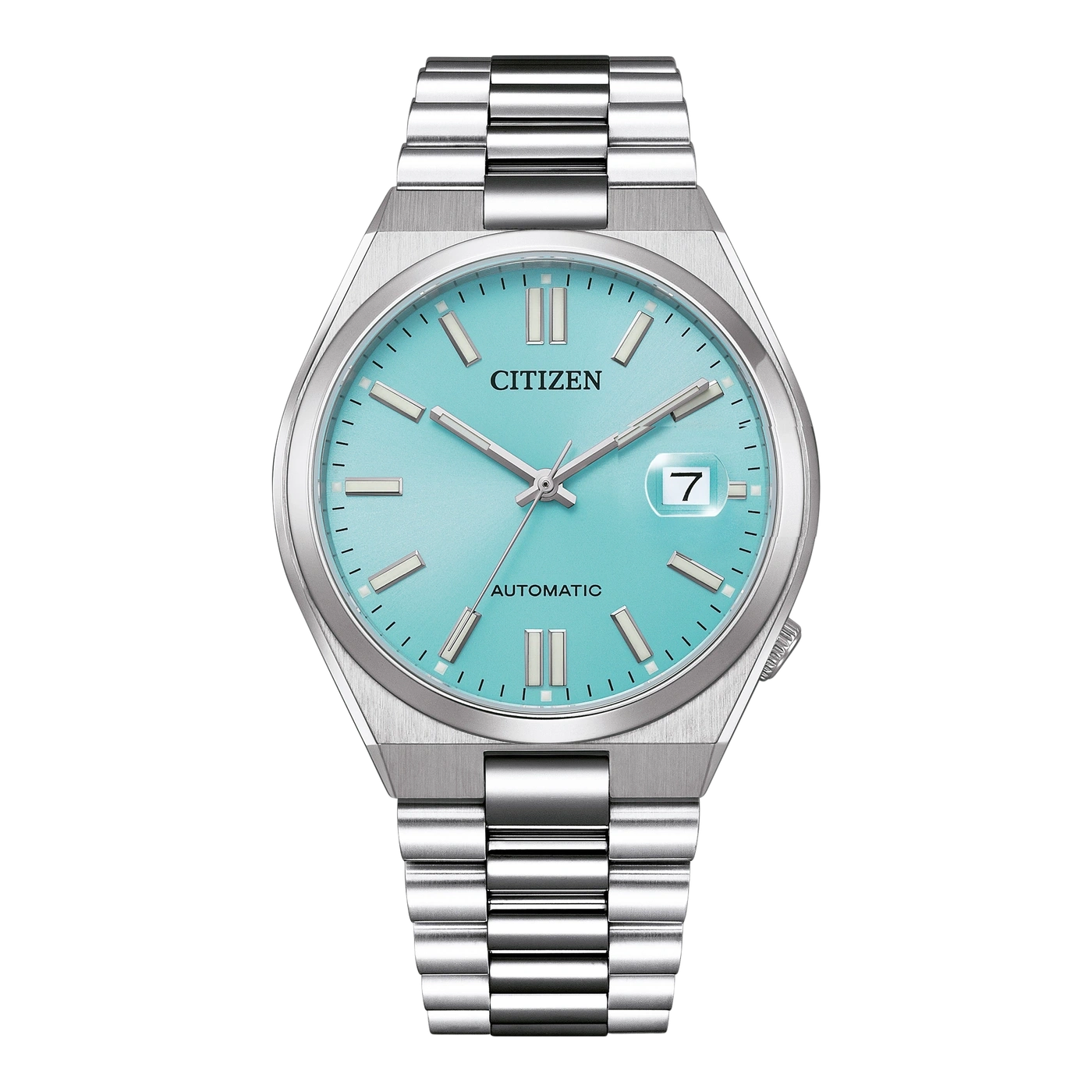 Une montre Citizen automatique bleue avec bracelet argenté.