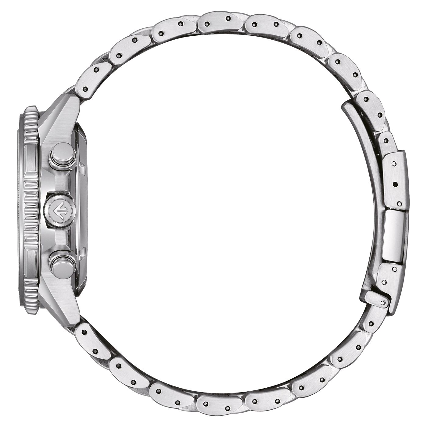 Gros plan d'une montre bracelet en argent sur fond blanc.