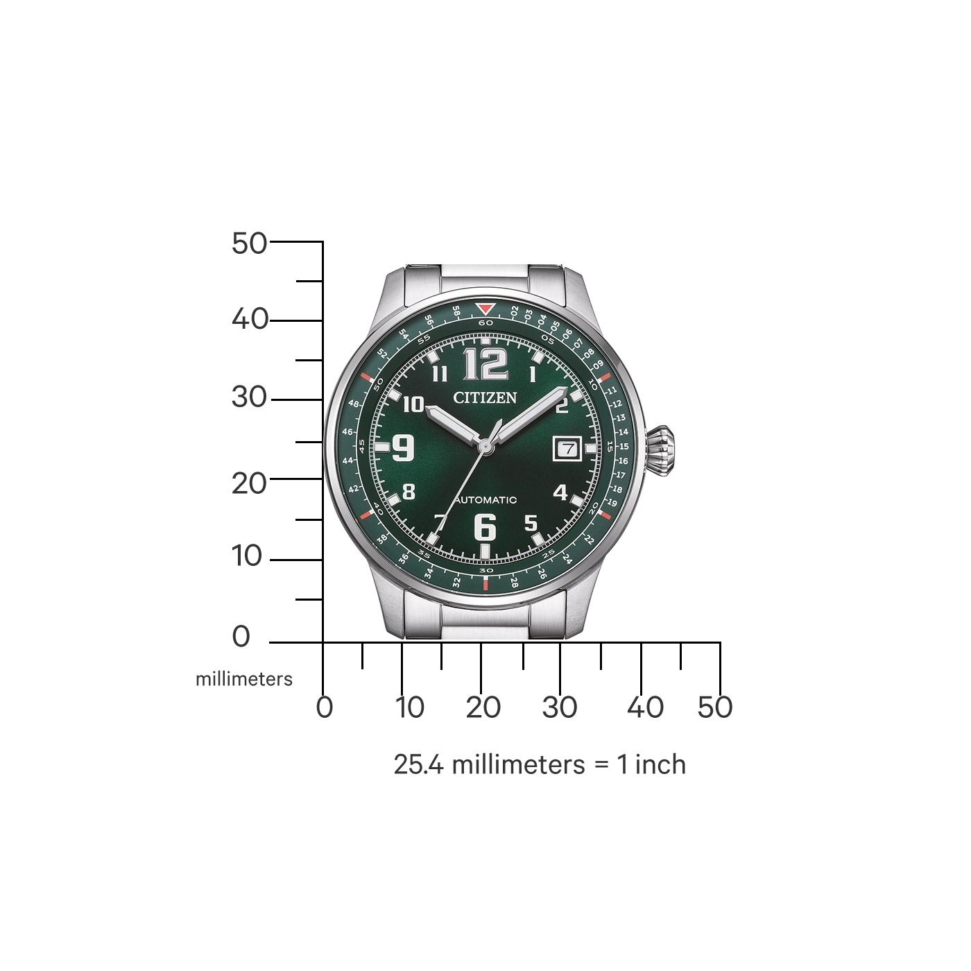 Montre homme Citizen avec cadran vert, affichage de la taille en millimètres et pouces.