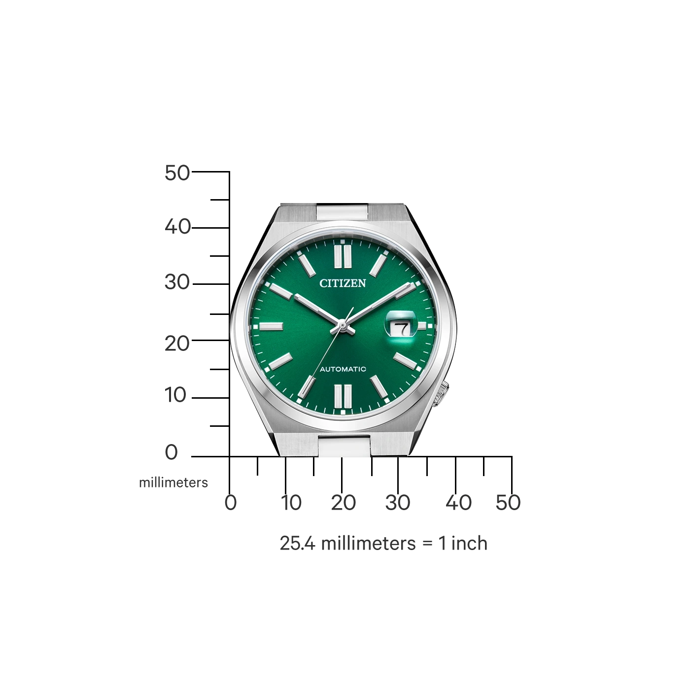 Montre Citizen verte avec une règle graduée en millimètres sur le côté.