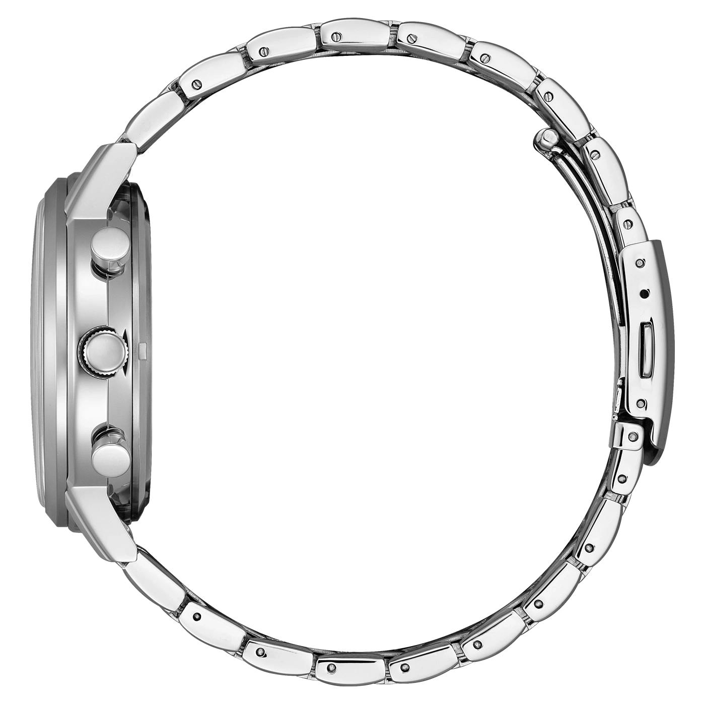 Montre bracelet en métal argenté, vue latérale sur fond blanc.