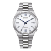Montre Citizen avec cadran blanc, aiguilles bleues et bracelet argenté.