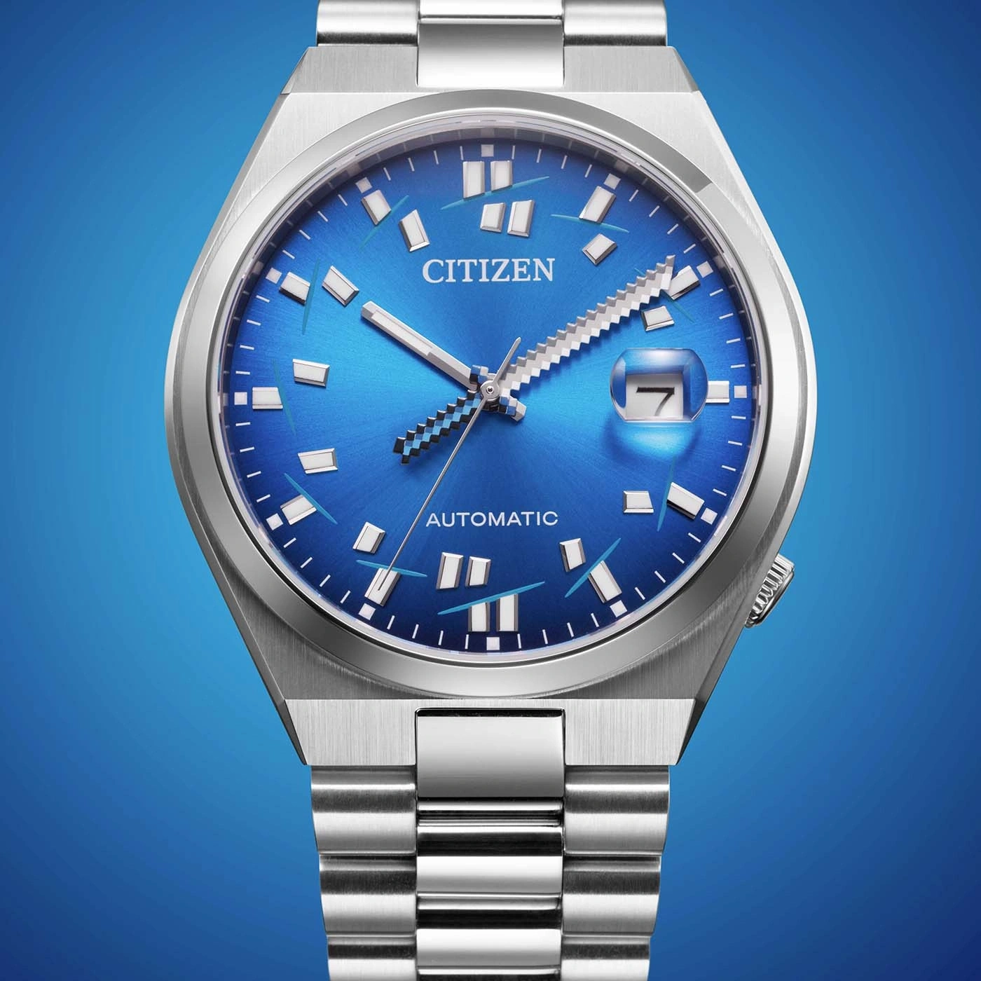 Montre Citizen automatique bleue avec bracelet en argent