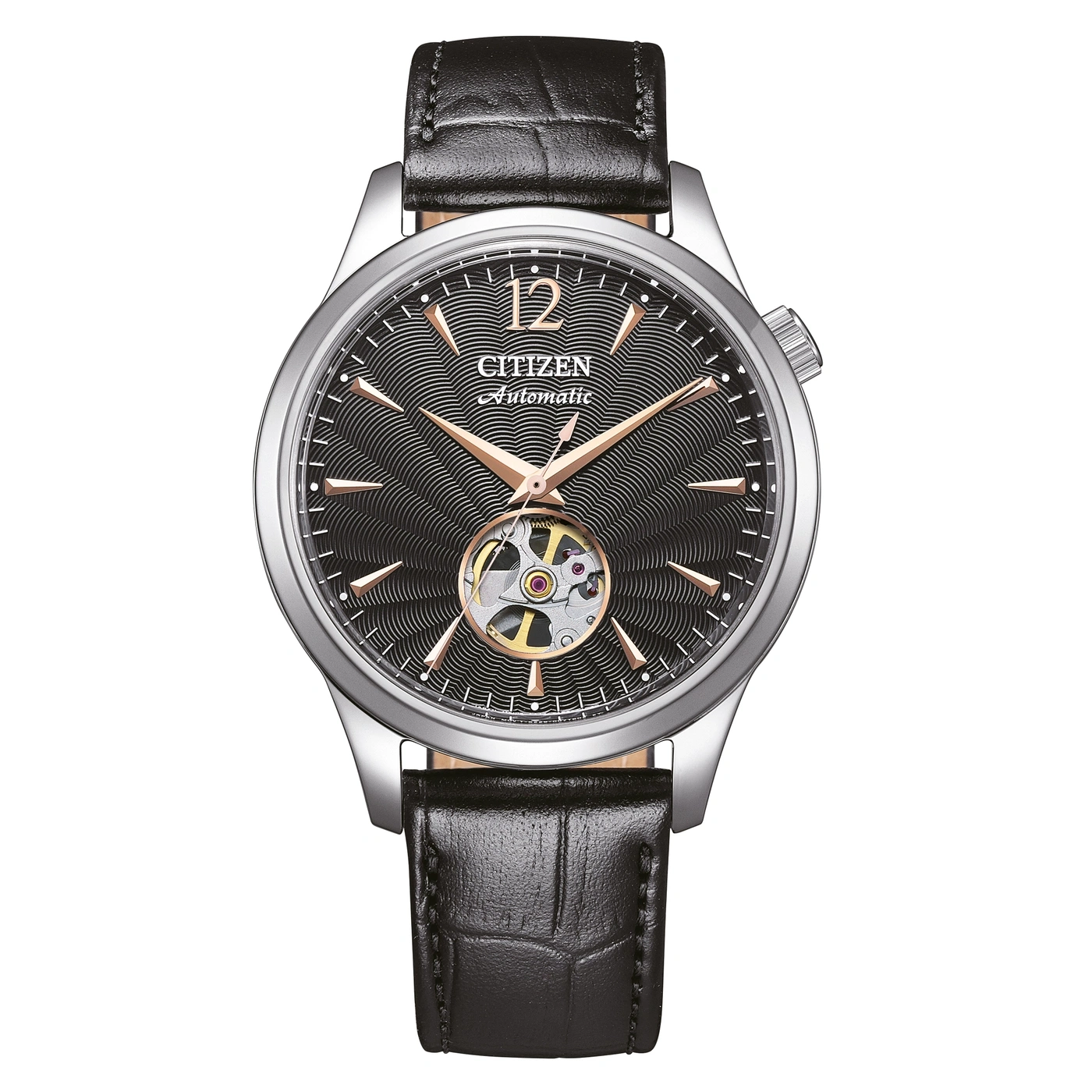 Montre Citizen automatique noire avec bracelet en cuir.
