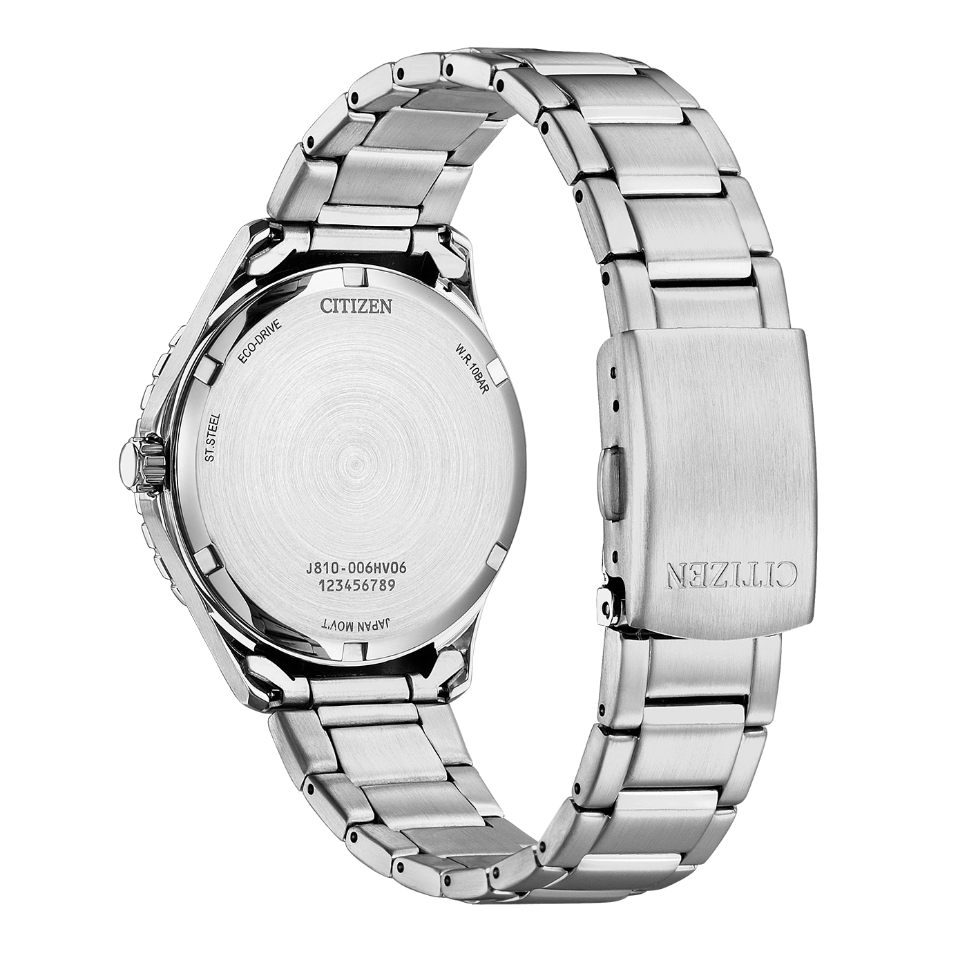 Le dos d'une montre Citizen en acier inoxydable avec des marquages.