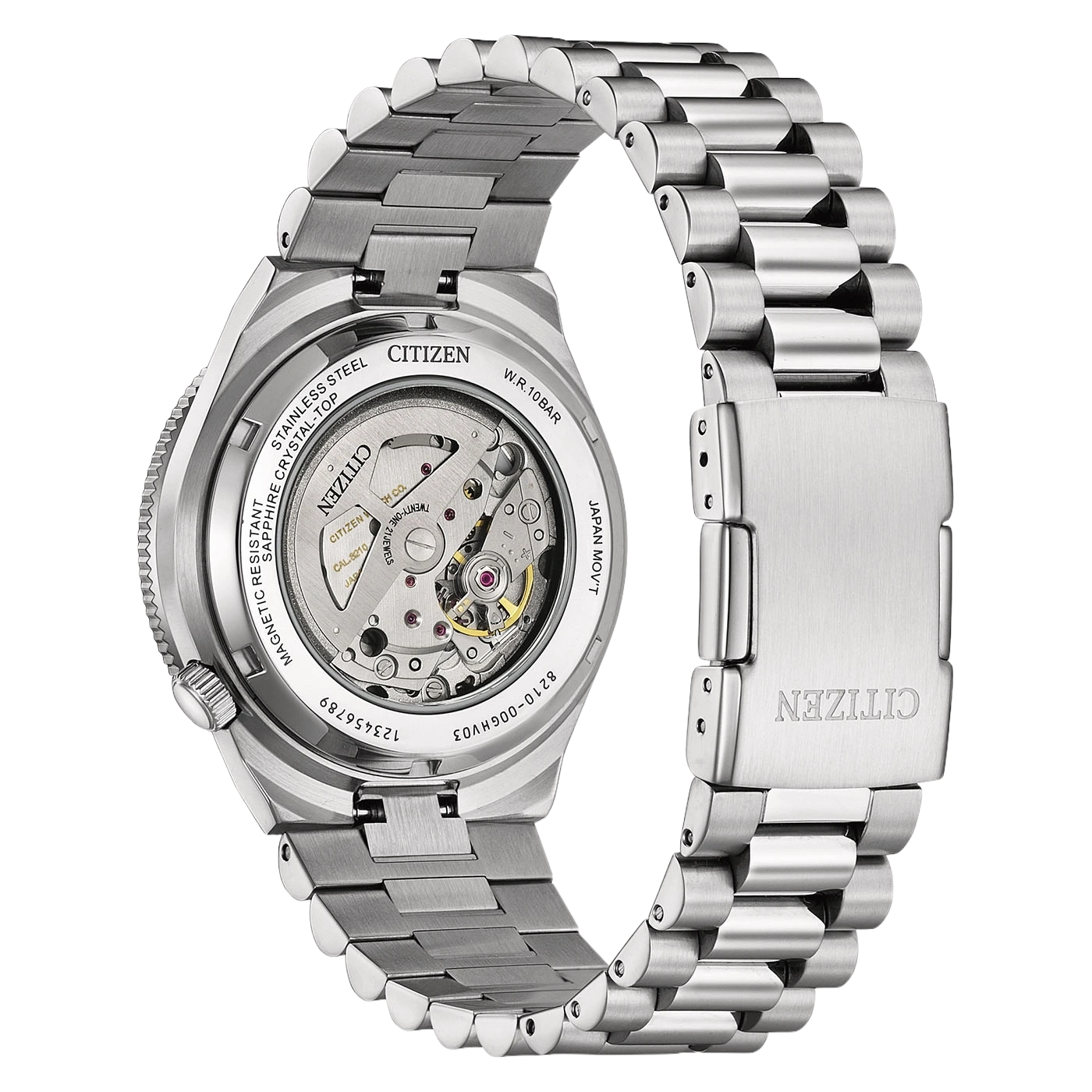 Une montre Citizen en acier inoxydable avec un mouvement visible à l'arrière.