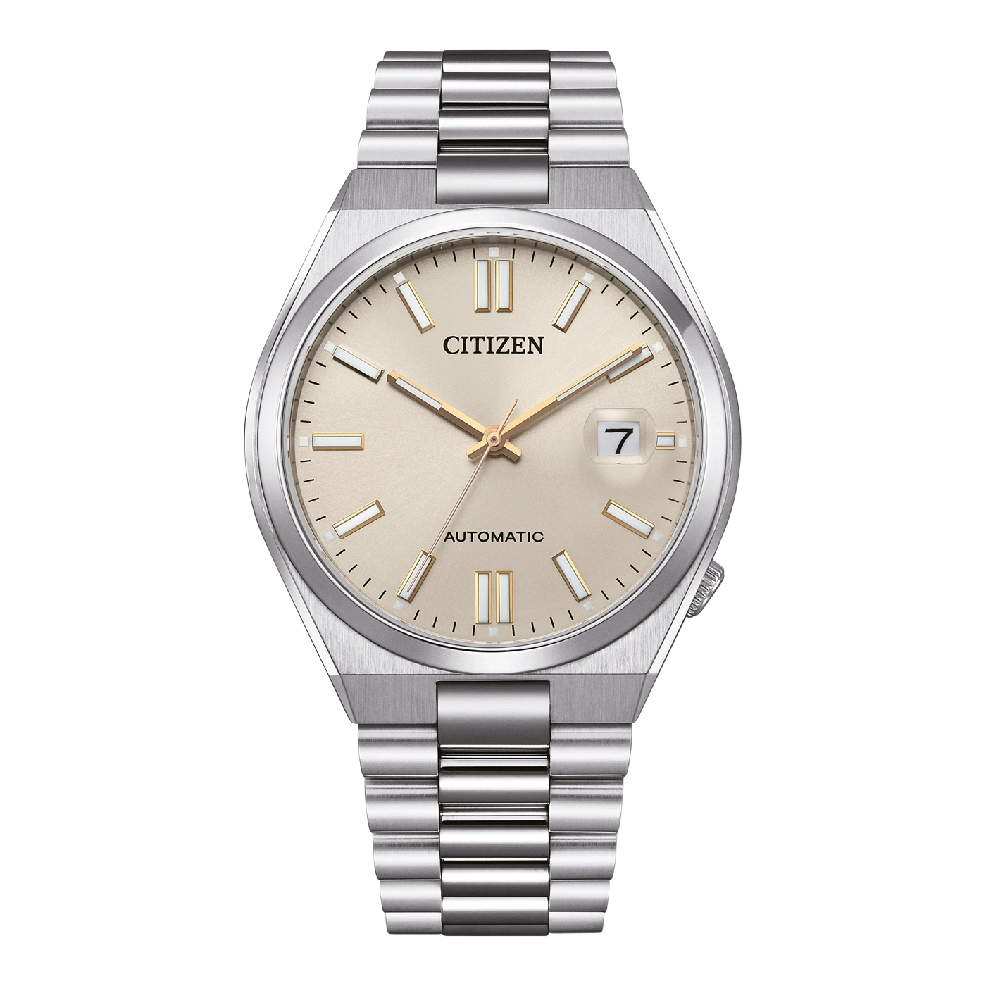 Montre Citizen automatique avec cadran champagne et bracelet en argent.