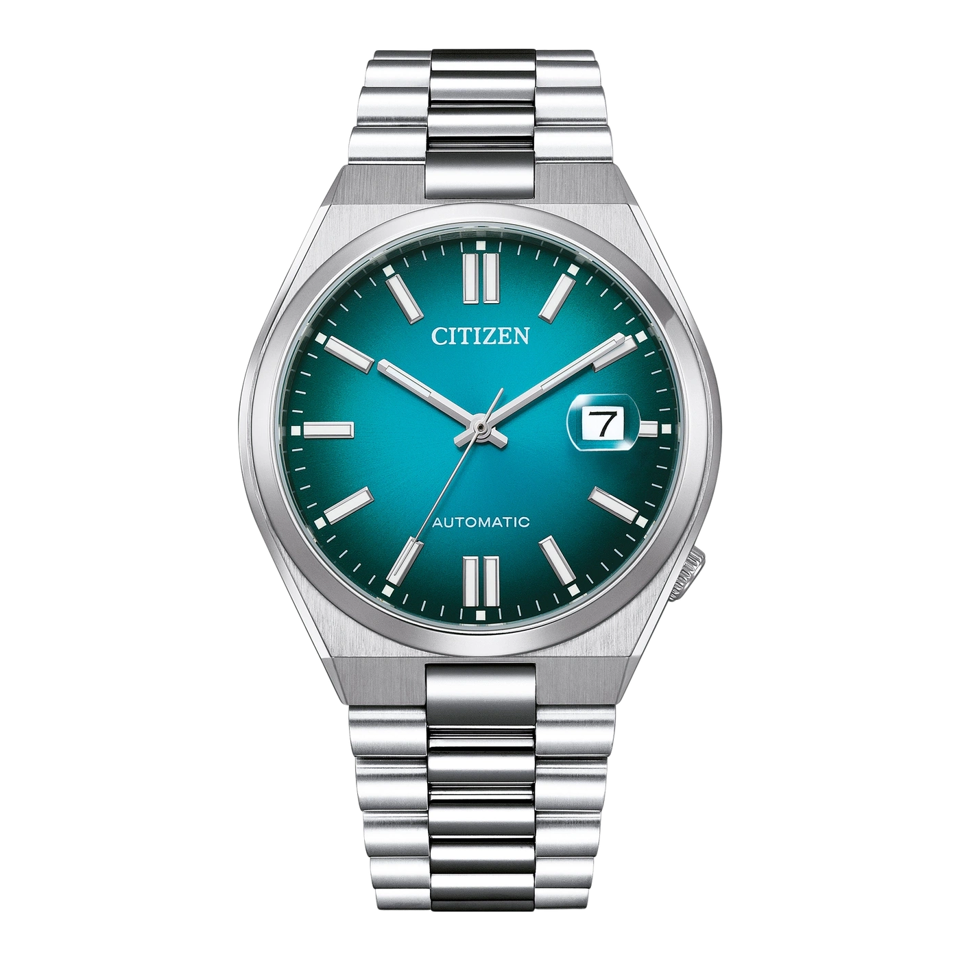 Montre Citizen automatique argentée avec cadran bleu sarcelle et guichet de date.