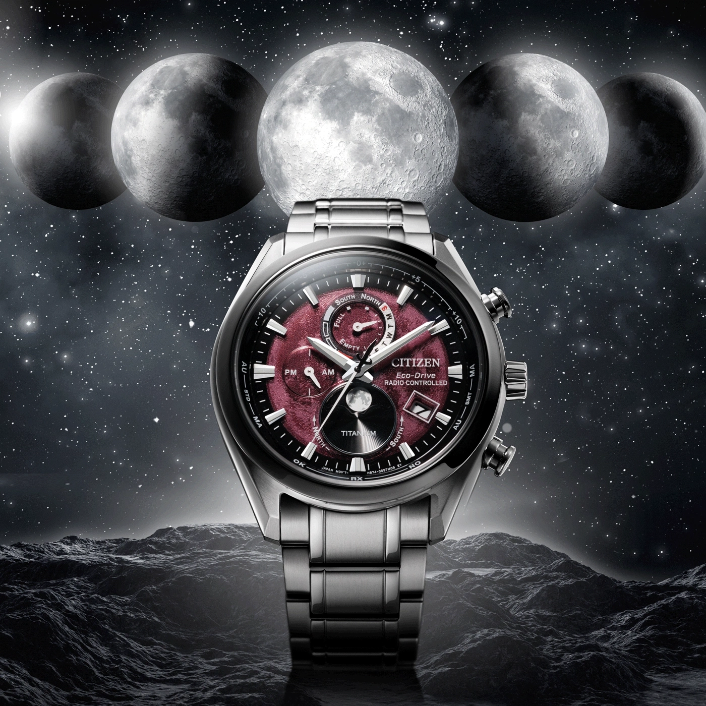 Montre Citizen sur fond spatial avec plusieurs lunes.