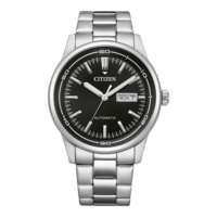 Montre Citizen avec cadran noir et bracelet argenté, mouvement automatique.