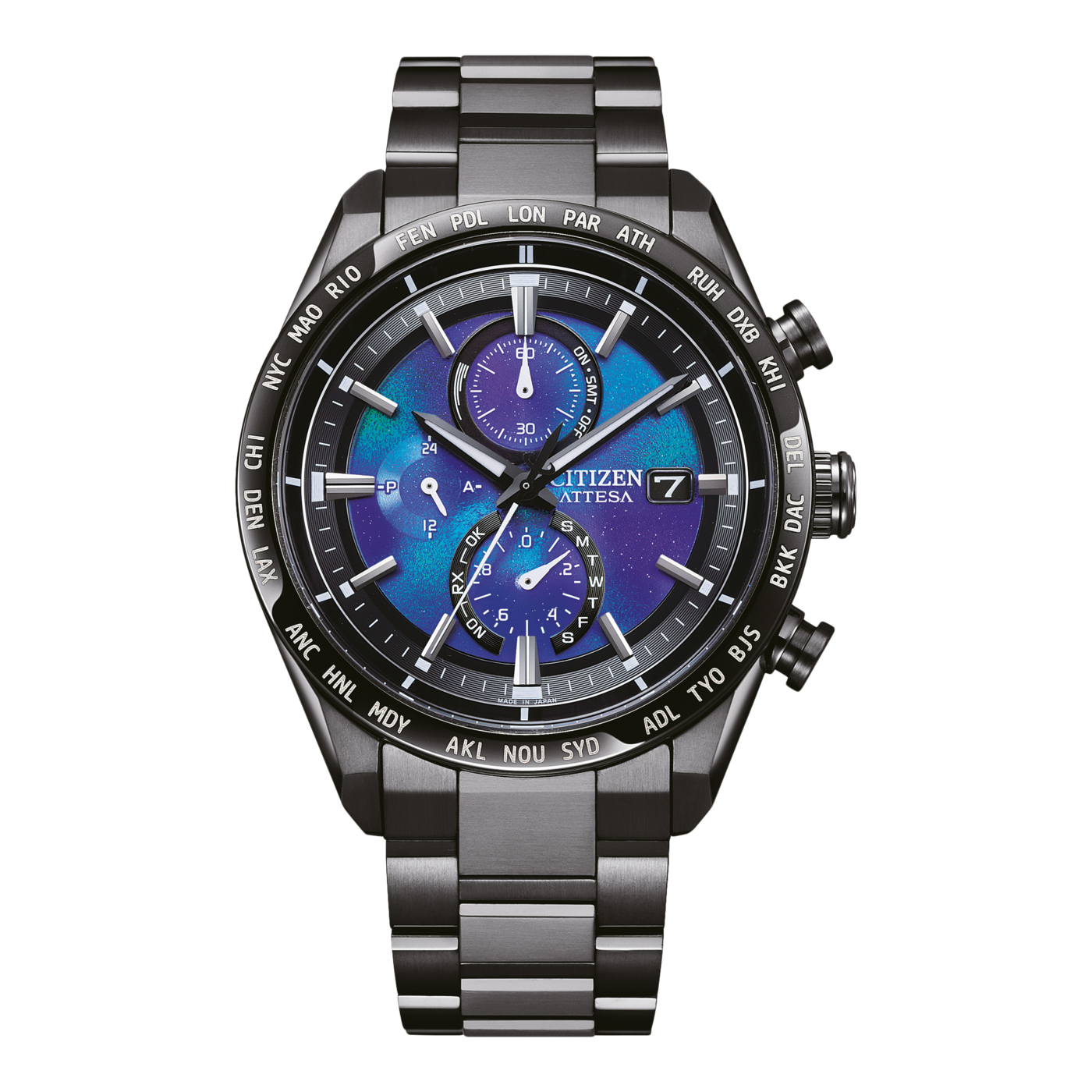 Montre Citizen Attesa avec cadran bleu et violet et fonction heure universelle.
