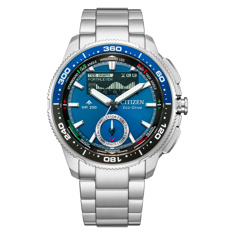 Een blauw Citizen Eco-Drive horloge met een zilverkleurige band en blauwe en witte details.