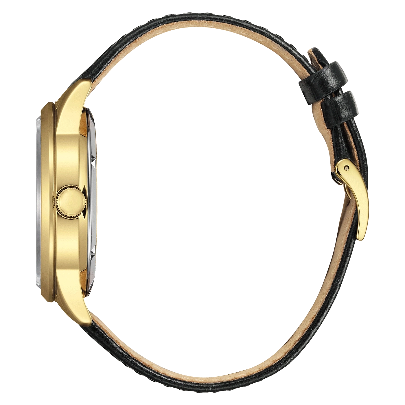 Une montre dorée avec un bracelet en cuir noir vue de côté sur fond blanc.