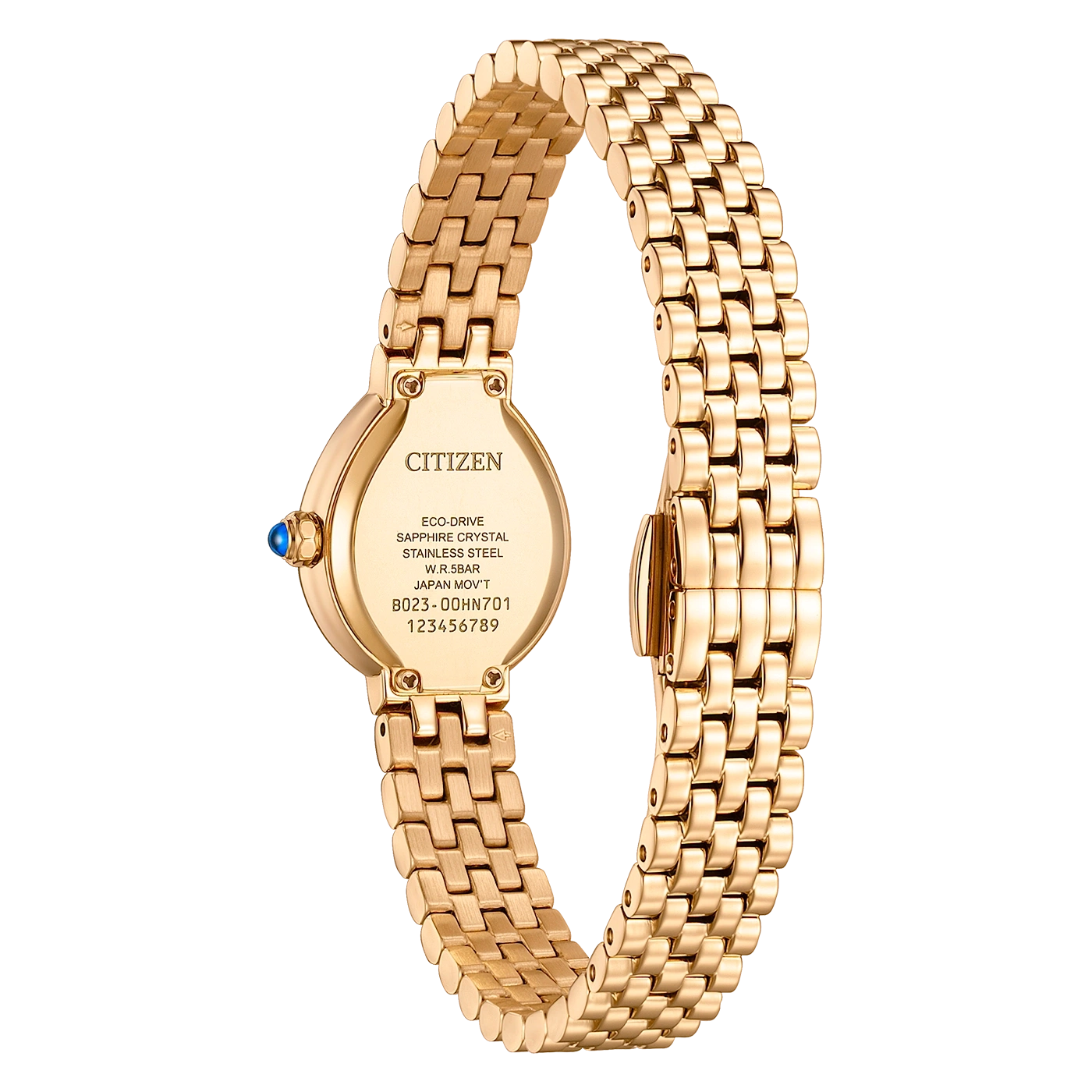 Une montre Citizen Eco-Drive dorée avec un bracelet en chaîne et une couronne bleue.