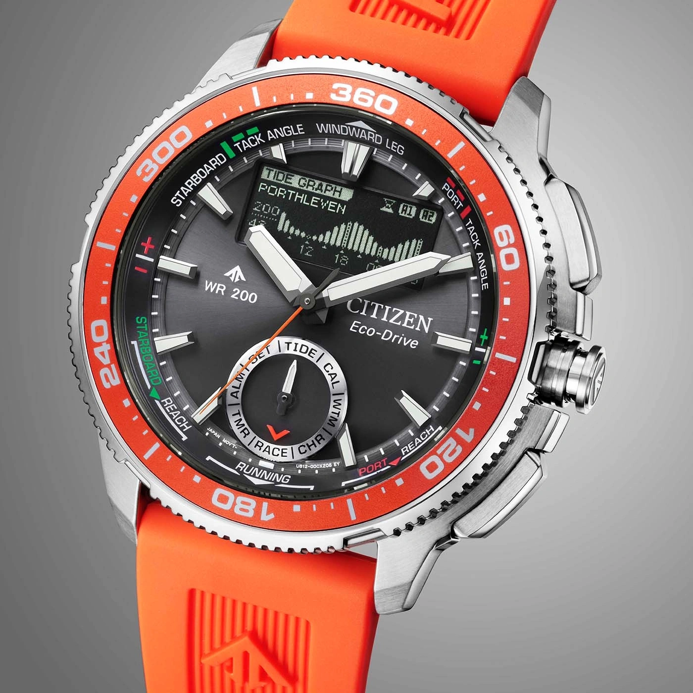 Eine orange-graue Citizen Eco-Drive Uhr mit einem Kautschukarmband.
