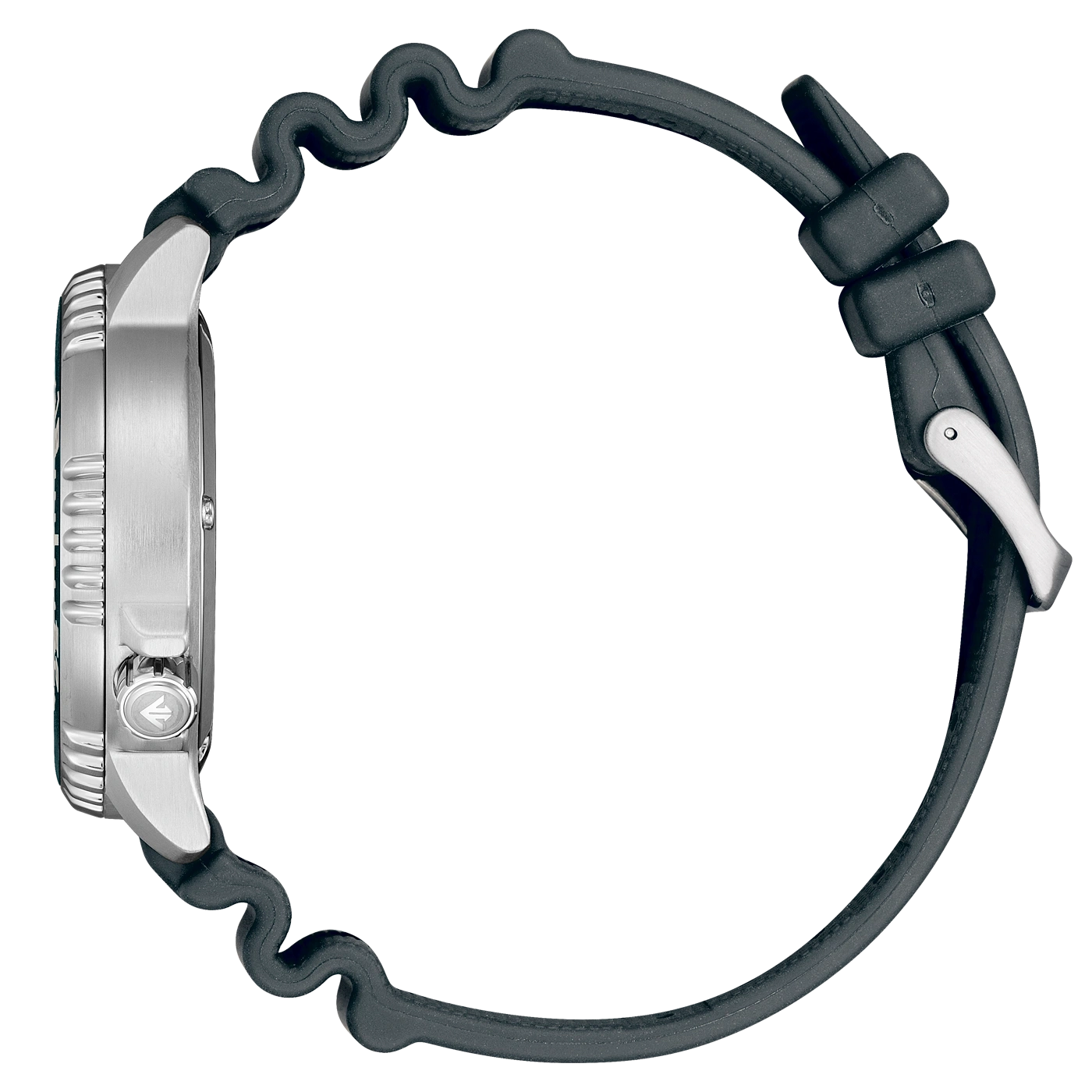 Montre à bracelet en caoutchouc noir avec fermoir en argent.