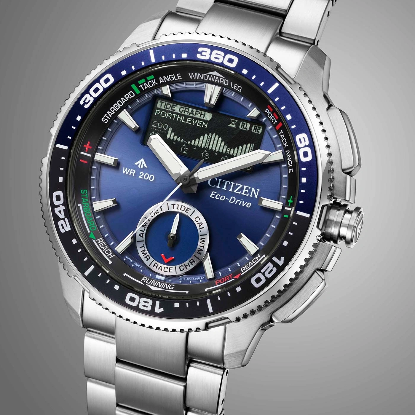 Eine blaue Citizen Eco-Drive-Uhr mit Edelstahlarmband.