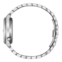 Vue latérale d'une montre-bracelet argentée avec bracelet en métal, design élégant.