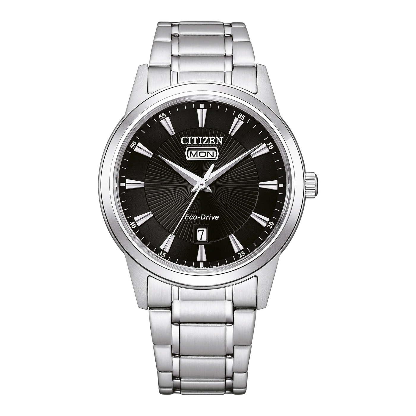 Montre Citizen Eco-Drive avec cadran noir et bracelet en argent.