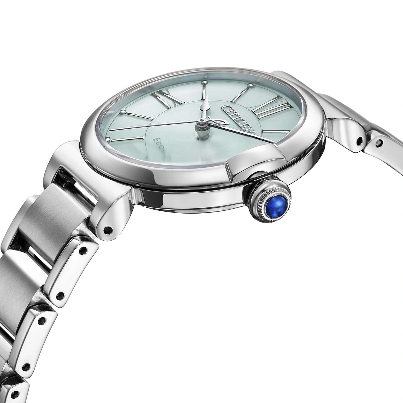 Montre-bracelet Citizen argentée avec cadran bleu clair et chiffres romains.