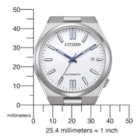 Montre Citizen avec cadran blanc, aiguilles bleues et affichage de la date, mesurant en millimètres.