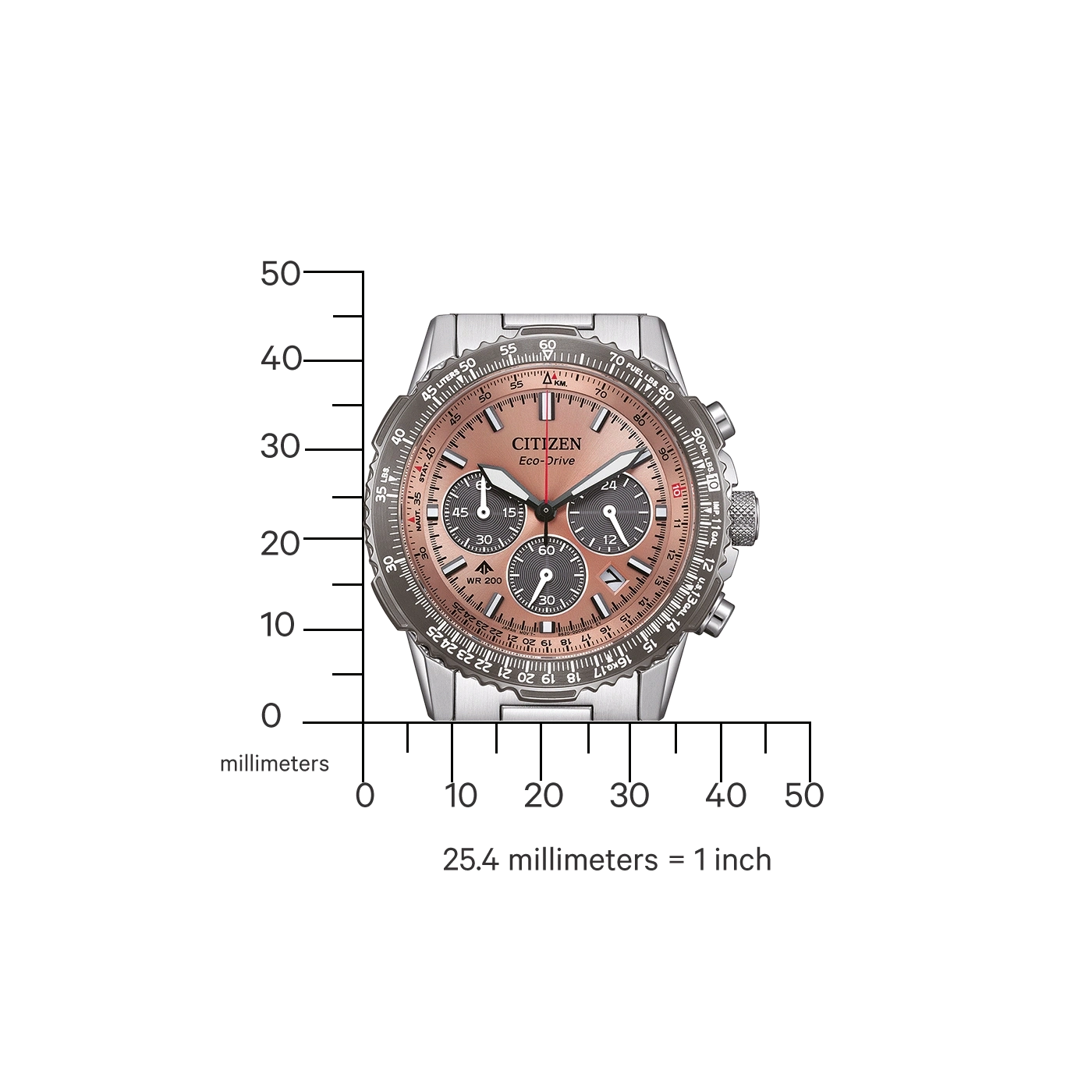 Montre Citizen Eco-Drive avec règle graduée en millimètres et conversion en pouces.