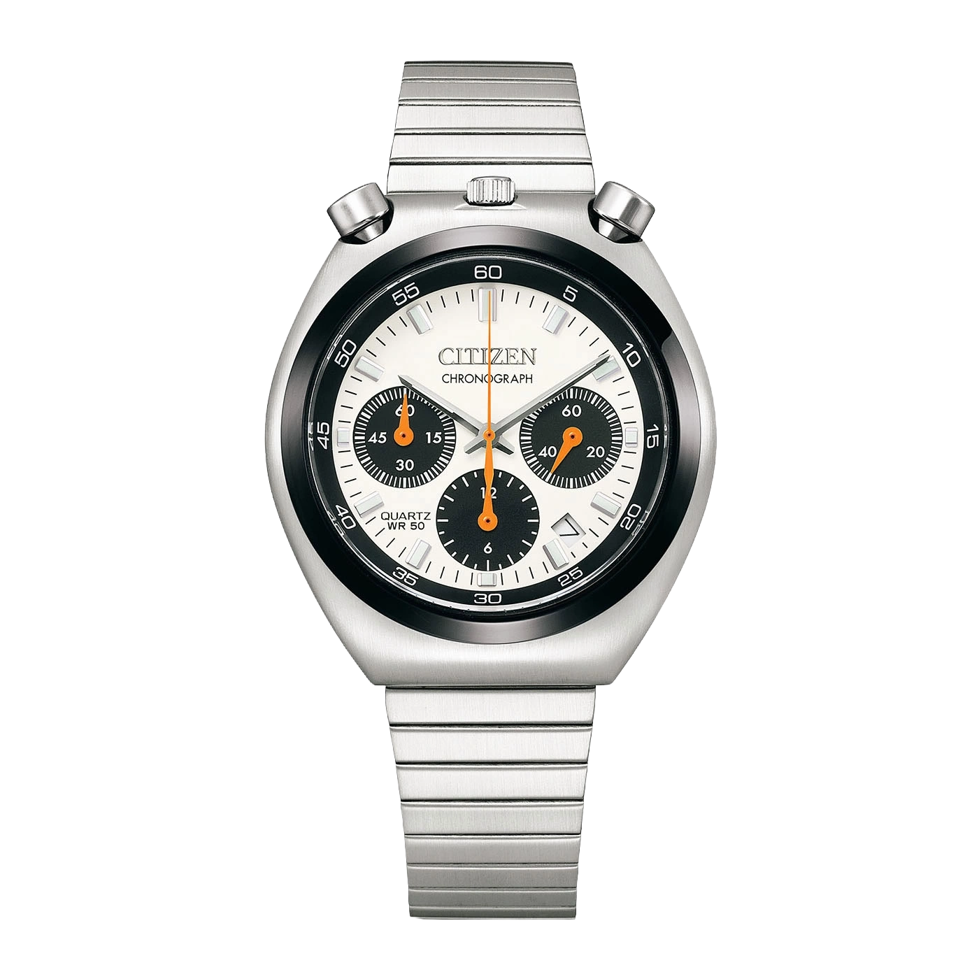 Une montre bracelet Citizen chronographe argentée avec cadran blanc et noir.