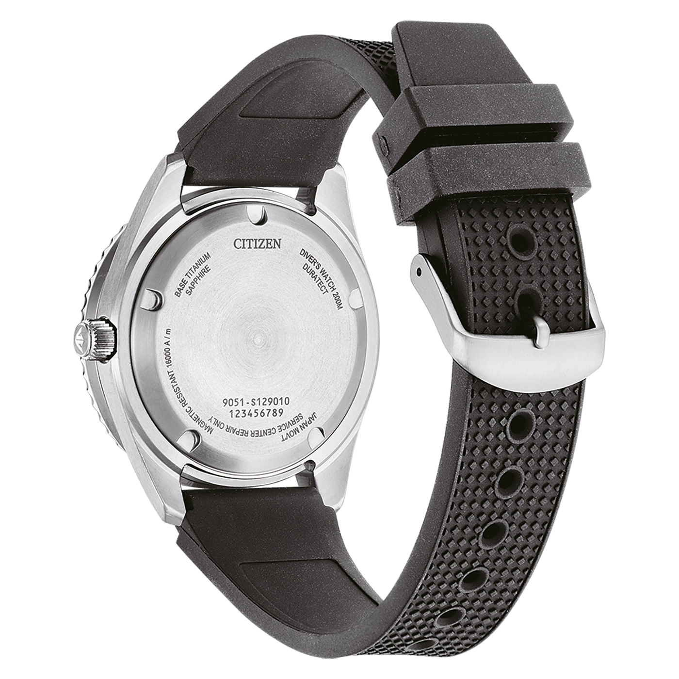 De achterkant van een Citizen horloge met een zwarte rubberen band