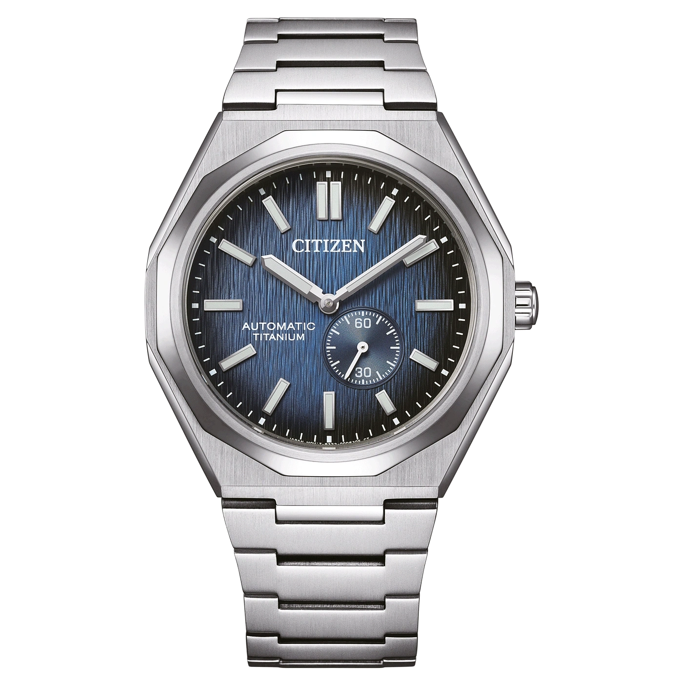 Une montre bracelet Citizen automatique en titane avec cadran bleu.