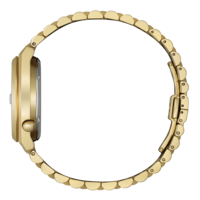 Vue latérale d'une montre en or, design élégant, bracelet circulaire, accessoire de luxe, chronomètre.
