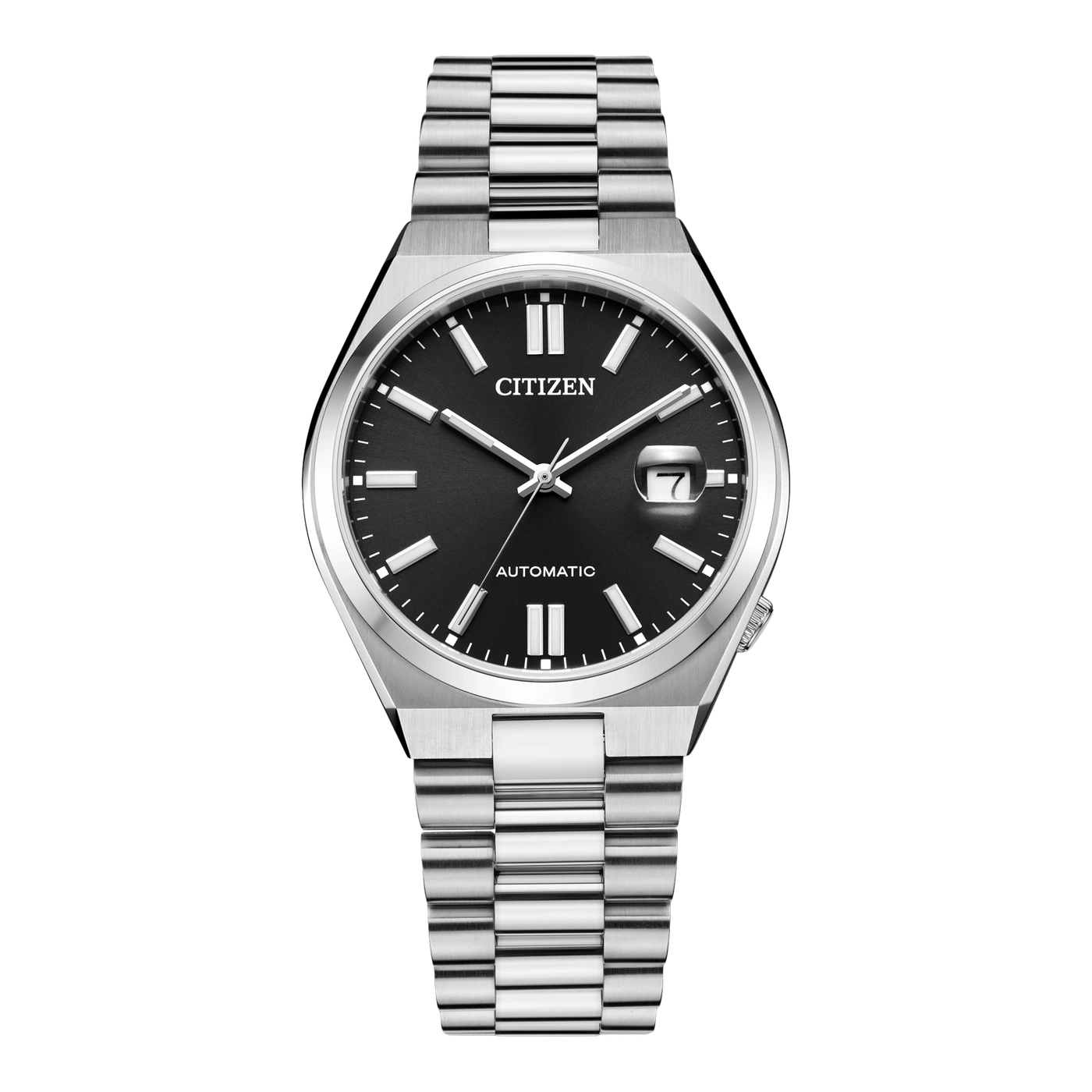 Montre Citizen automatique sur fond noir avec bracelet en argent.