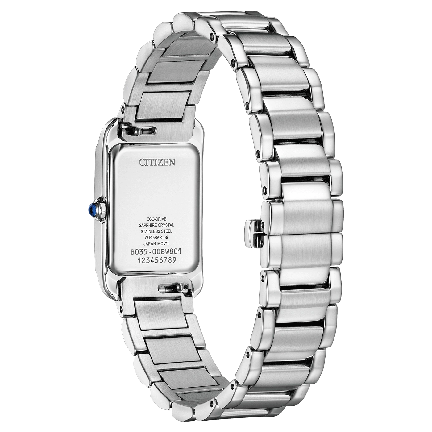 Une montre Citizen Eco-Drive en argent avec un bracelet en métal sur fond blanc.