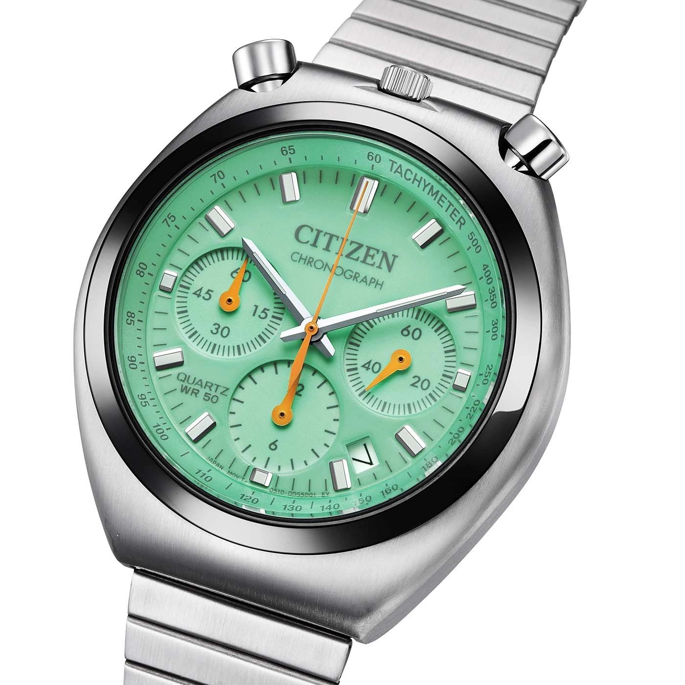 Une montre homme Citizen Chronograph verte avec un bracelet en acier.