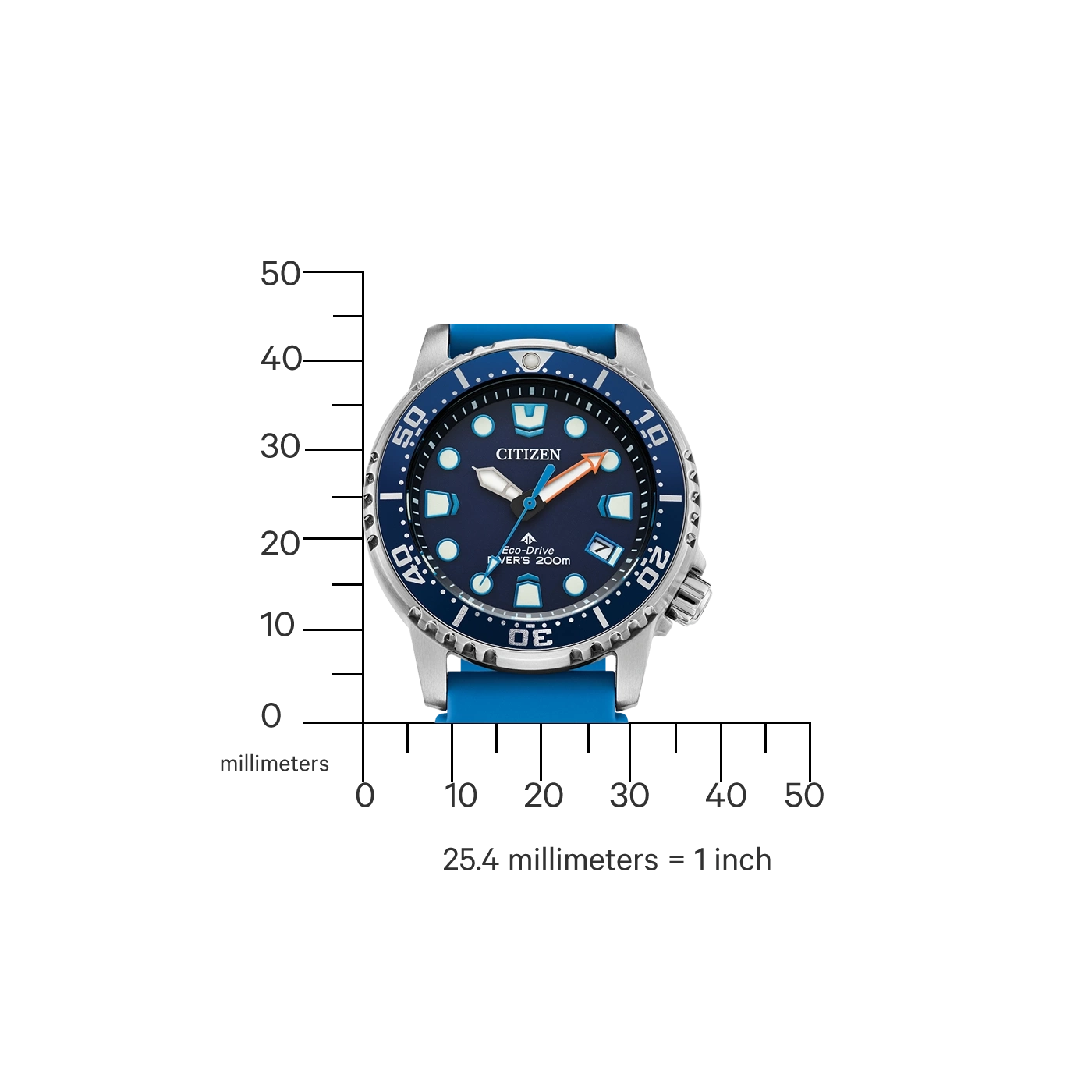 Montre Citizen Eco-Drive bleue avec bracelet en caoutchouc bleu et échelle de mesure en millimètres.