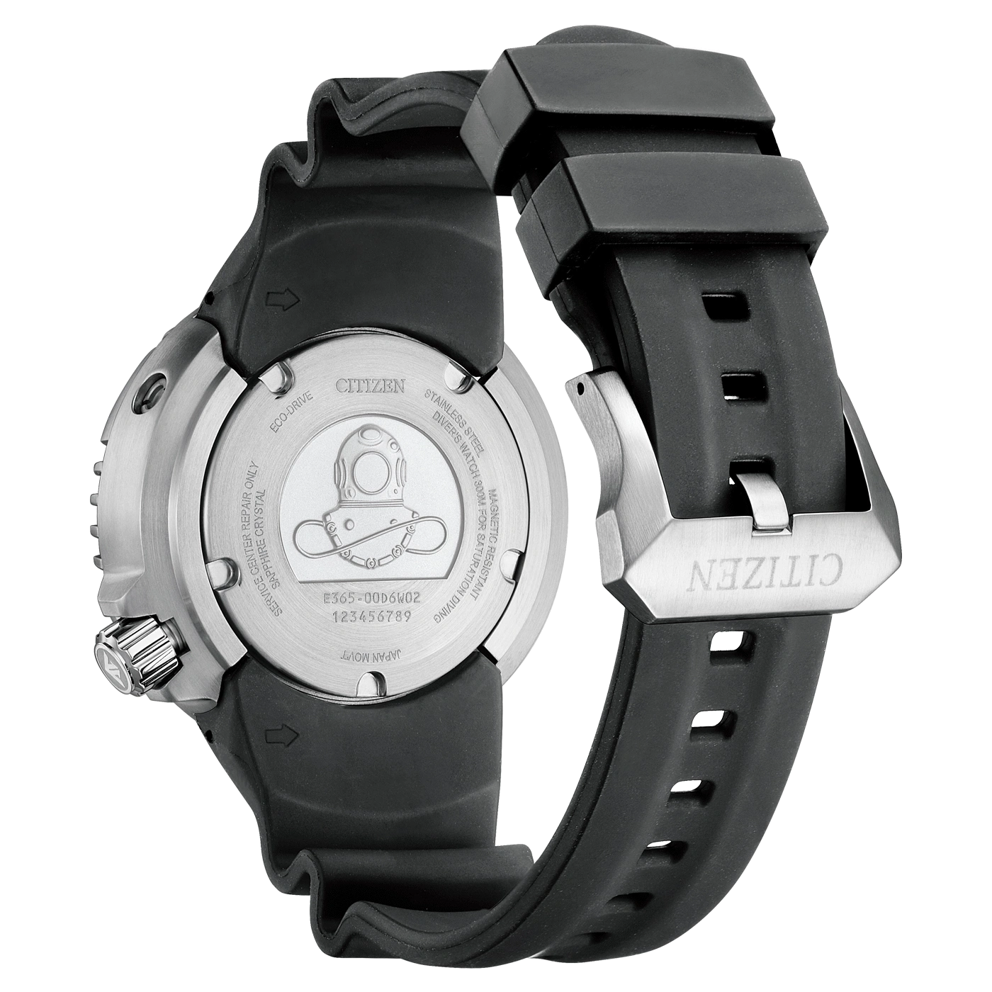 Fond de boîte d'une montre Citizen avec bracelet noir.