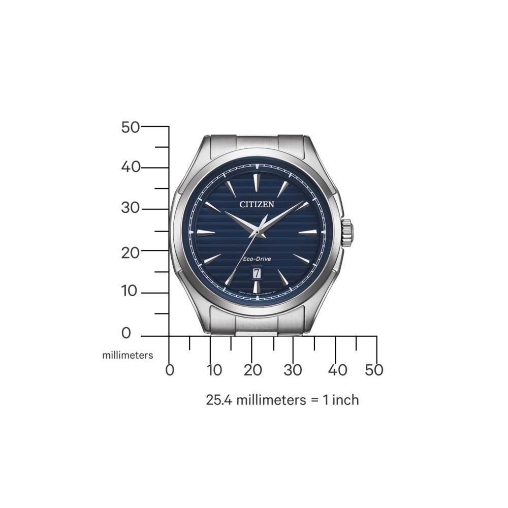 Montre Citizen avec cadran bleu, Eco-Drive et bracelet argenté. 25,4 millimètres = 1 pouce.