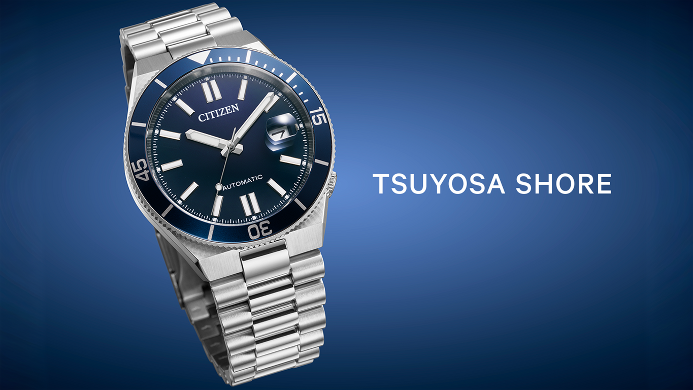 Montre Citizen automatique Tsuyosa Shore sur fond bleu.