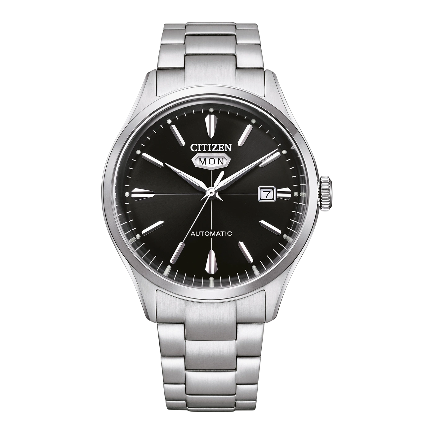 Une montre Citizen automatique argentée avec cadran noir et date.