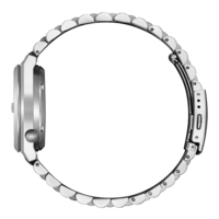 Montre argentée avec bracelet en métal, vue latérale, design élégant, brillant