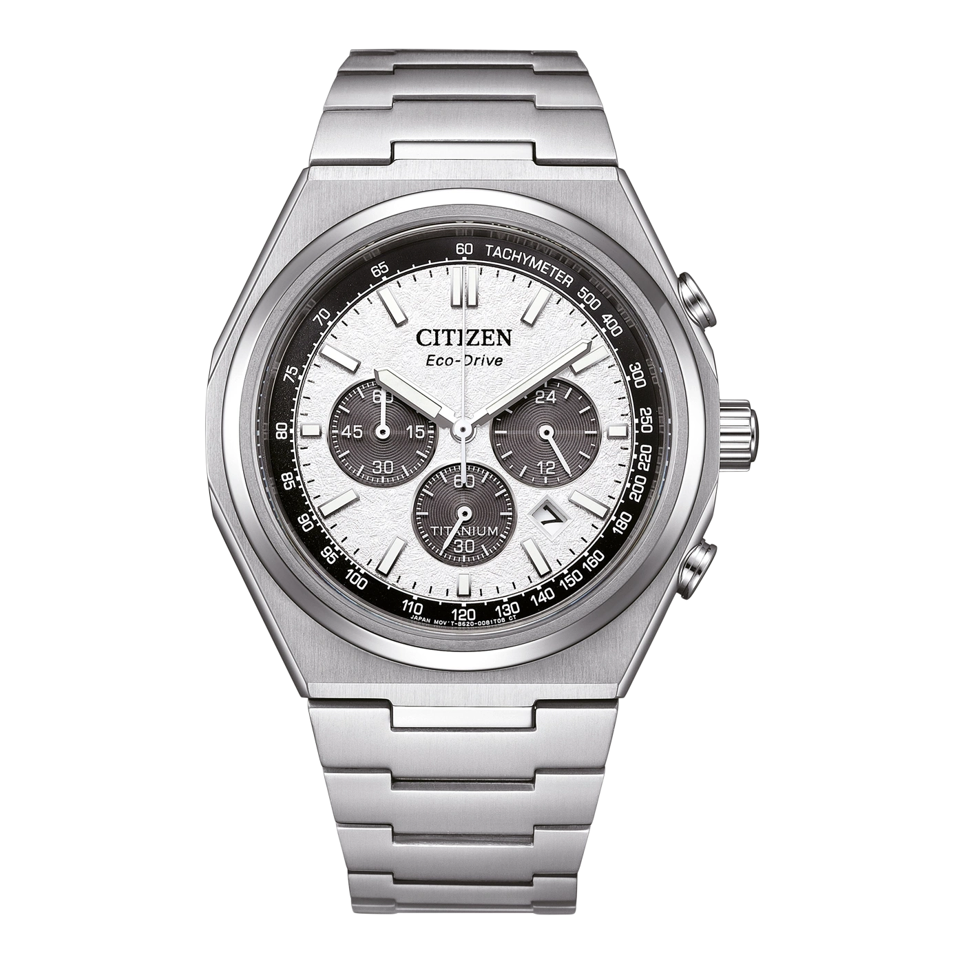 Une montre chronographe Citizen argentée avec un cadran blanc et des sous-cadrans gris.