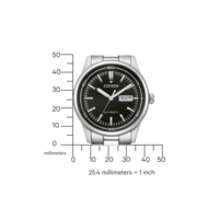 Montre Citizen avec cadran noir, automatique, acier inoxydable, affichage jour et date.