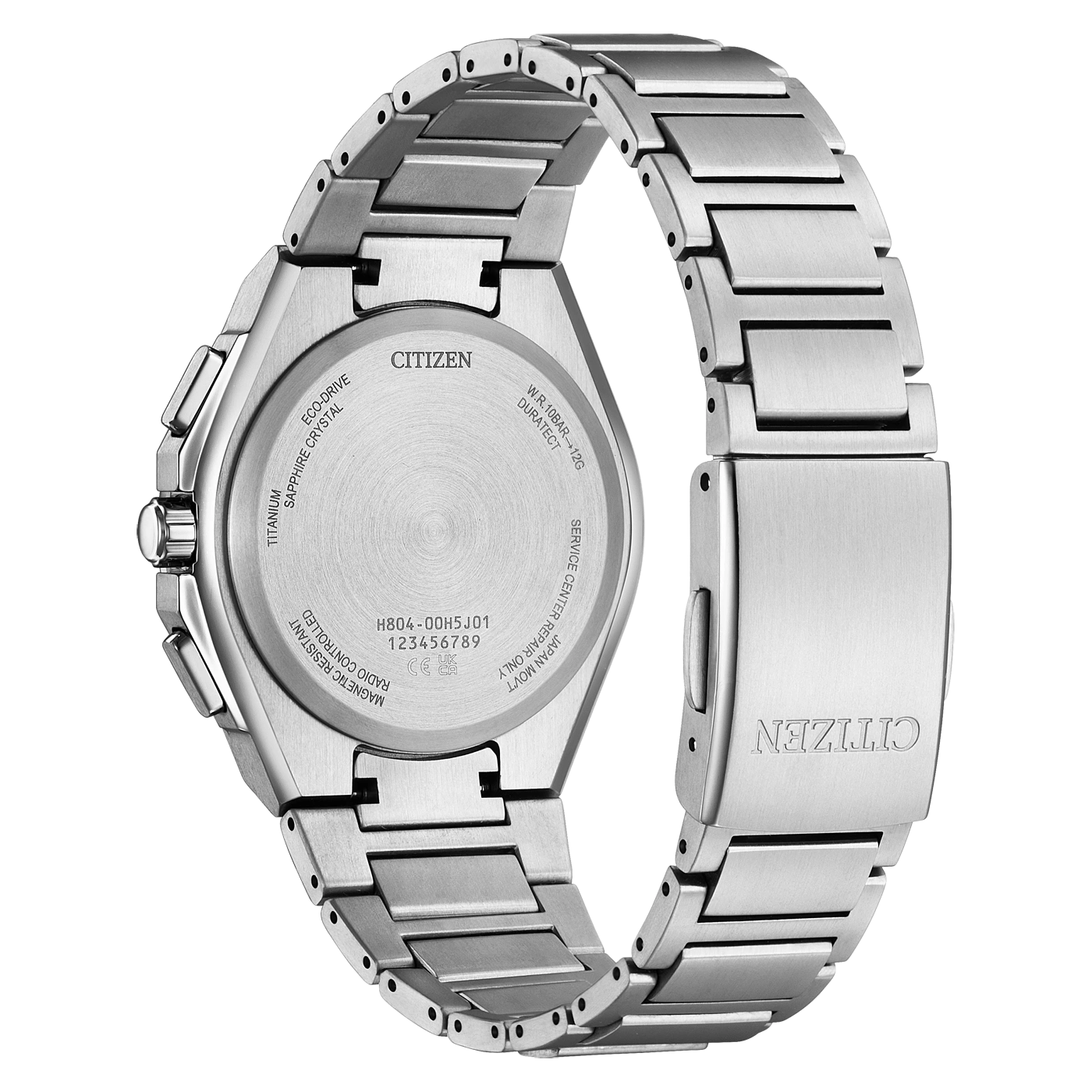 De achterkant van een zilverkleurig Citizen-horloge met gegraveerde details.