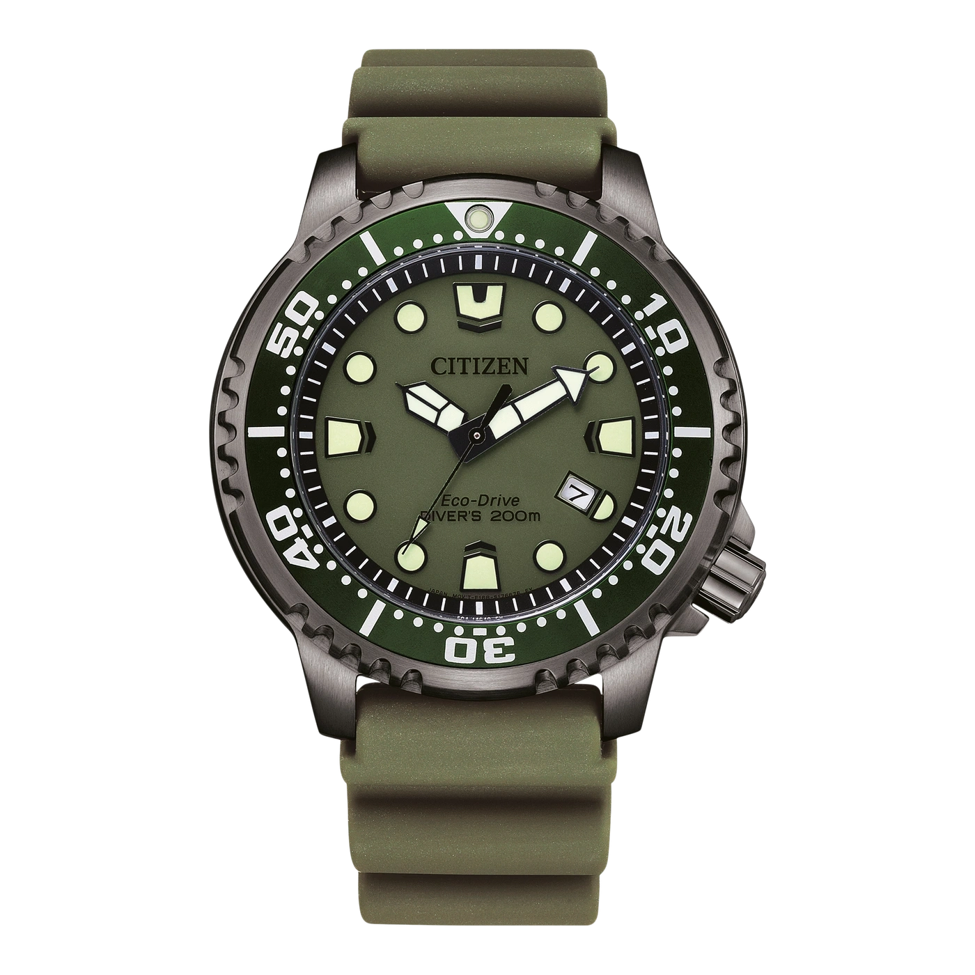 Montre de plongée Citizen Eco-Drive verte avec bracelet en caoutchouc.