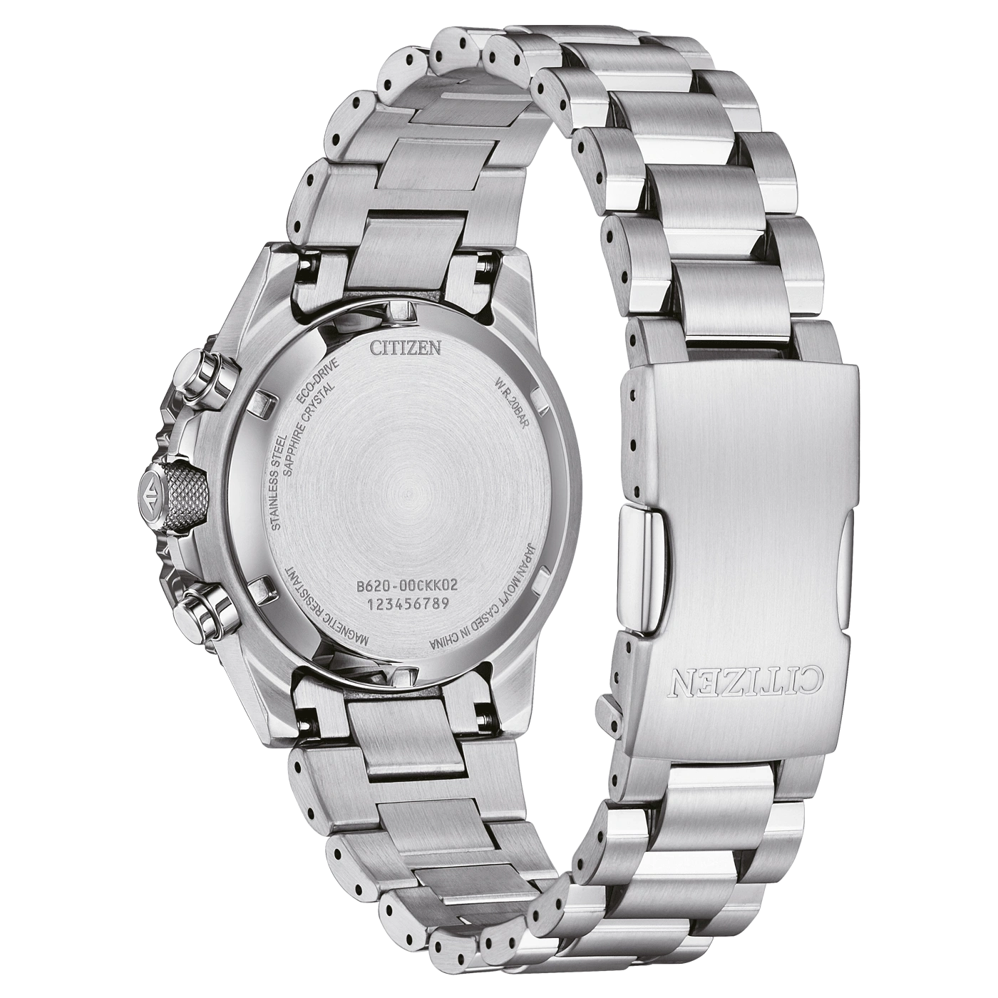 Une montre Citizen argentée avec un bracelet en métal, vue de dos.