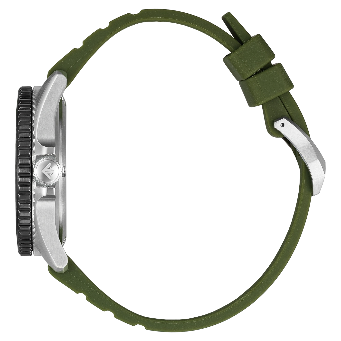Montre avec bracelet en caoutchouc vert et boucle métallique argentée