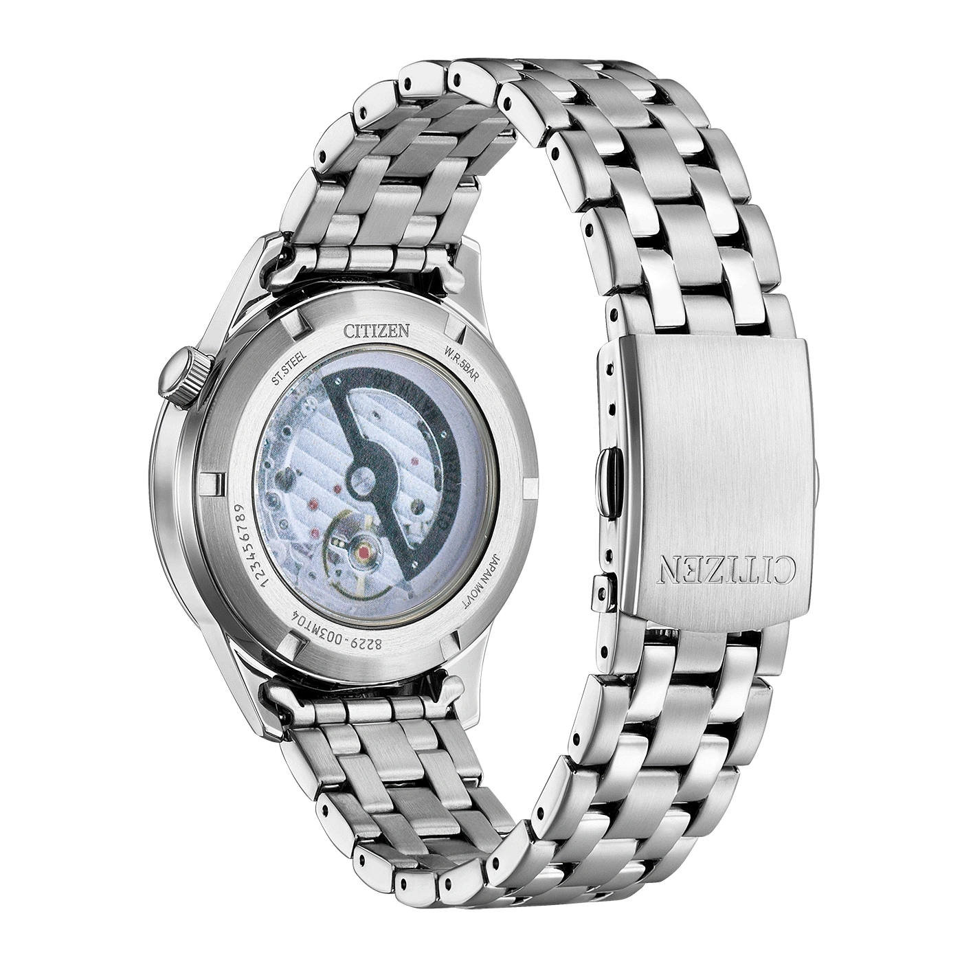 Une montre bracelet Citizen en acier inoxydable avec un mouvement visible à l'arrière.