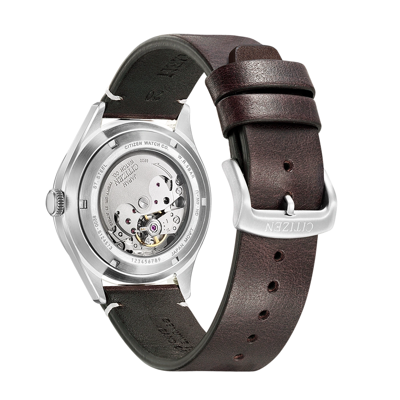 Een Citizen horloge met bruine leren band en open achterkant die het uurwerk onthult.