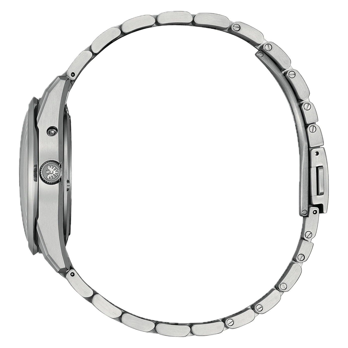 Vue latérale d'une montre bracelet en métal argenté.