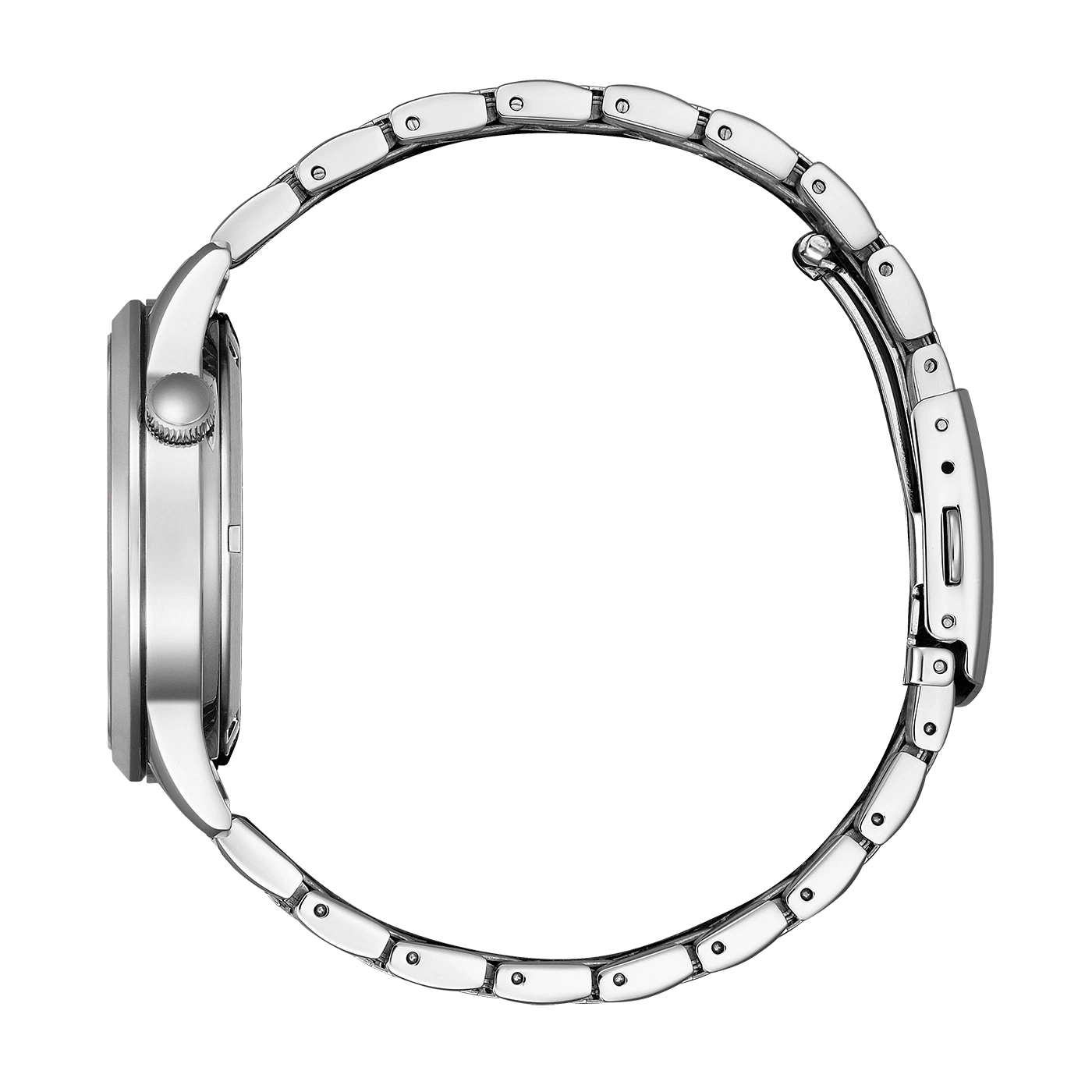Gros plan sur un bracelet de montre en argent avec un boîtier poli sur fond blanc.