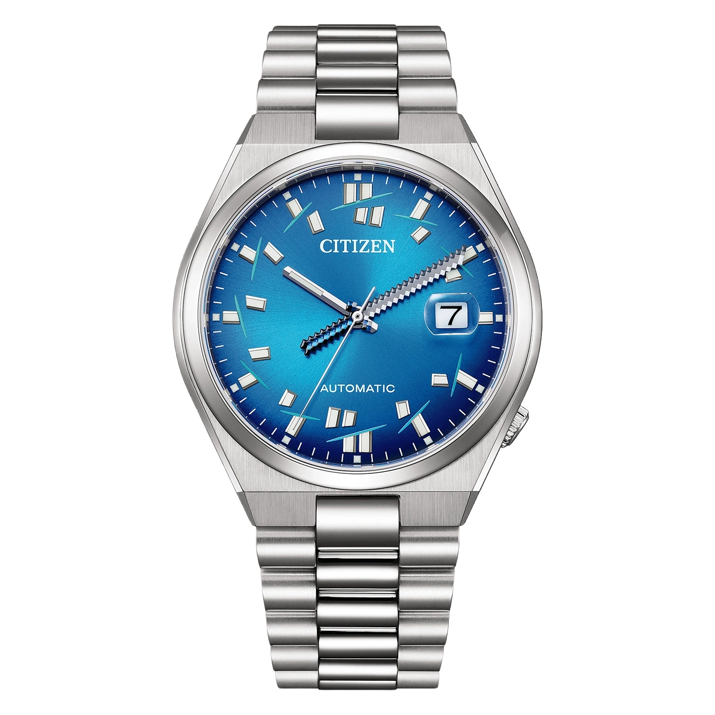 Une montre Citizen automatique bleue avec un bracelet en acier inoxydable.